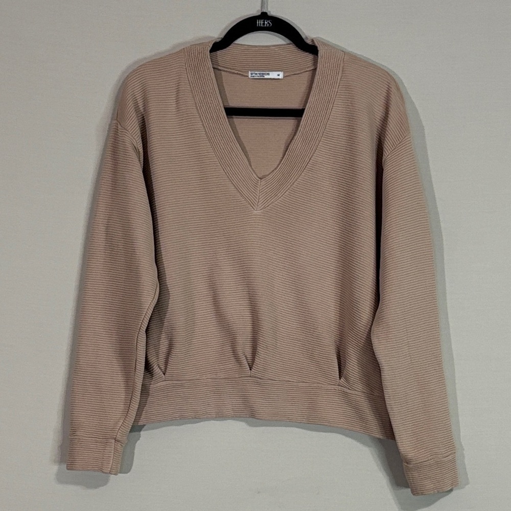 Stateside Made in USA Ribbed V-Neck Sweatshirt Pullover Tan Size M